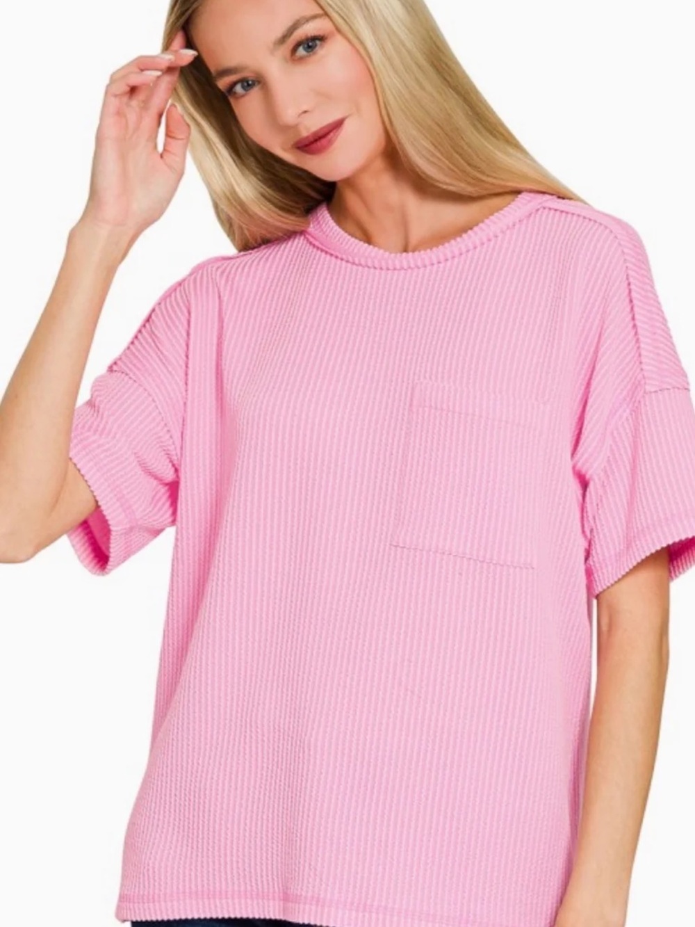 NWOT Women’s Zenana Pink Raised Rib Expose Seam Top, size Medium